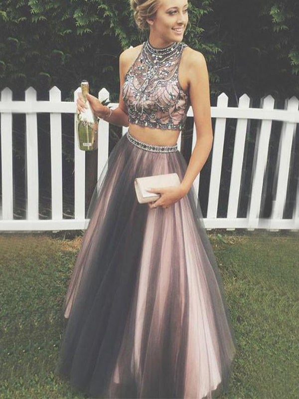 SSR0649,Two Pieces Prom Dresses,A-line Tulle Prom Gowns,Halter Beading Evening Dresses,Beautiful Party Dresses,Cute Dresses