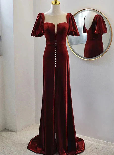Wine Red Velvet Long Round Neckline Party Dress Prom Dresses Short Sleeves Elegant Evening Dress