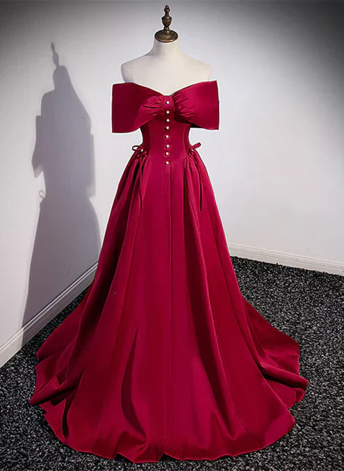 Wine Red Satin Sweetheart Long Evening Dress Satin Prom Dress A Line Off Shoulder Formal Dress