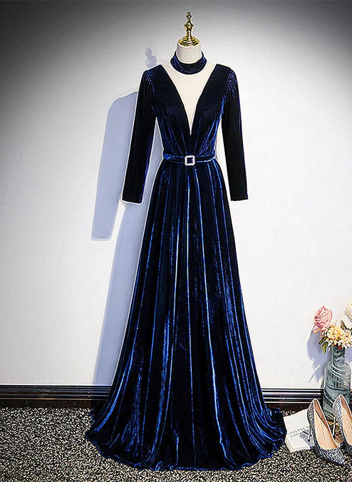 Blue Velvet Long Sleeves Floor Length Wedding Party Dress Formal Gown Elegant Evening Dress