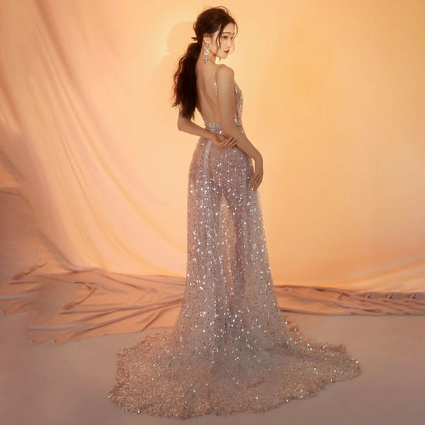 SSR1710,Glitter Backless Sequined Long Prom Dresses, School Dance Dress With Train