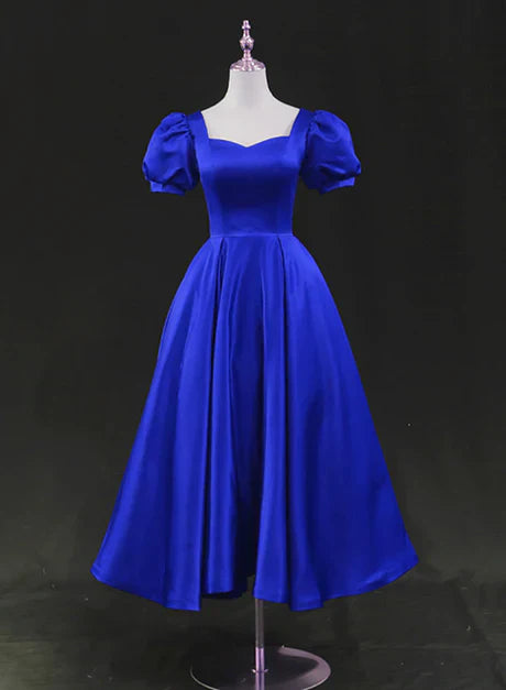 Royal Blue Satin Tea Length Wedding Party Dress Prom Homecoming Dress Evening Dress