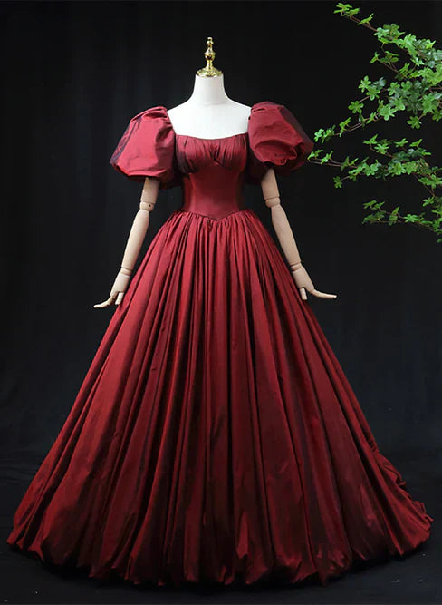 Wine Red Taffeta Short Sleeves Long Prom Dress Evening Dress Formal Dress Elegant