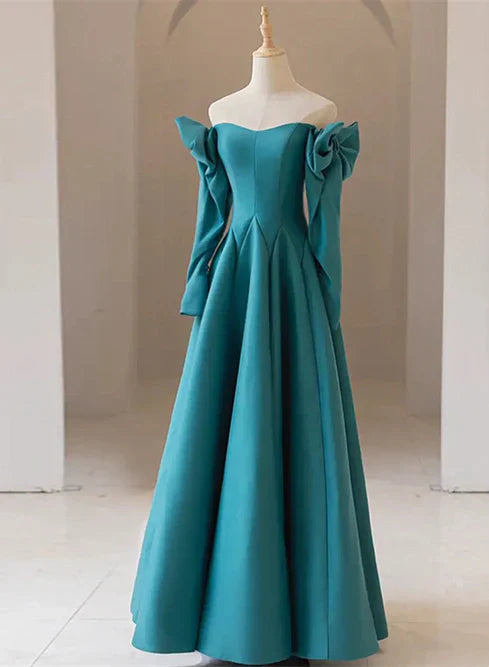 Teal Blue Long Sleeves with Bow A-line Sweetheart Prom Dress Evening Dress Elegant