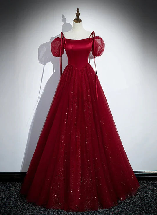 Wine Red Satin and Tulle Straps Long Prom Dress Off Shoulder Party Dress Elegant Evening Dress