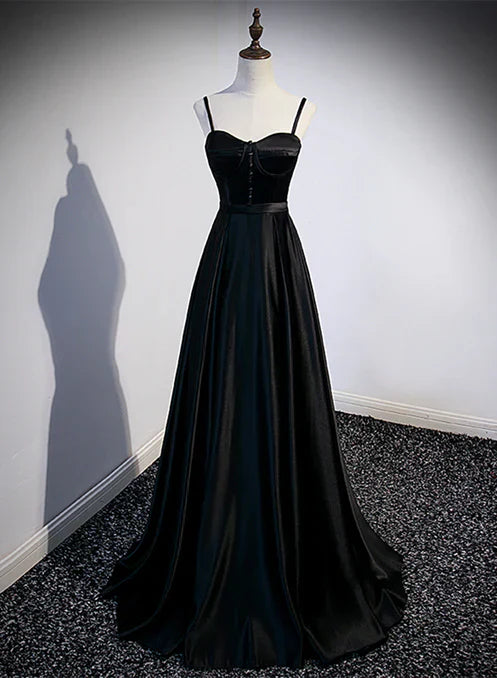 Black Satin Straps Long Party Dress Sweetheart Long Evening Dress Prom Dress Formal Dress