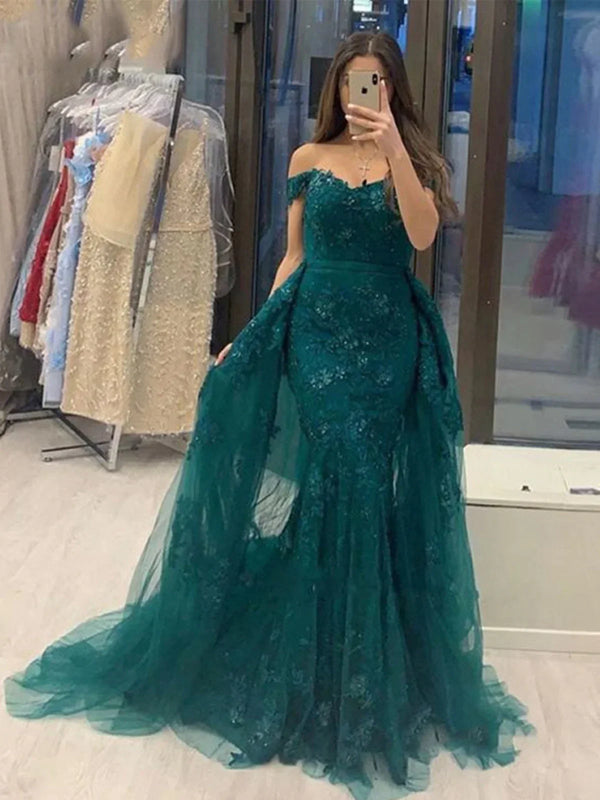 SSR1743,Mermaid Lace Off The Shoulder Long Prom Dress, High Quality Tulle Evening Formal Gown