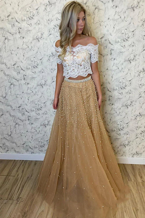SSR1342,Two Pieces Pearl Beaded Long Prom Dresses Lace Evening Party Gown
