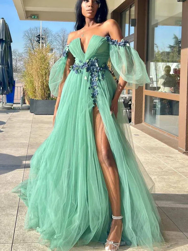 SSR1744,Off Shoulder V Neck Green Tulle Floral Long Prom Dresses with High Slit, Long Green Formal Graduation Evening Dresses