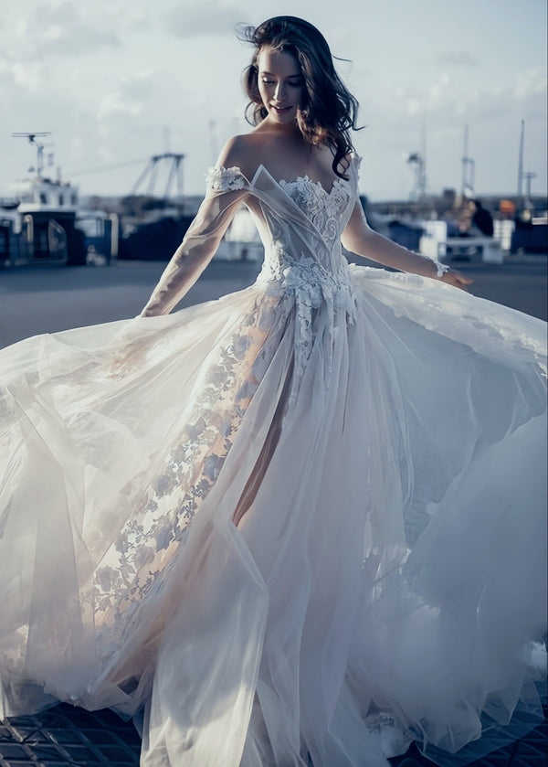 Off The Shoulder White 3D Floral Wedding Dress Boho Wedding Bridal Dress,SSR1030