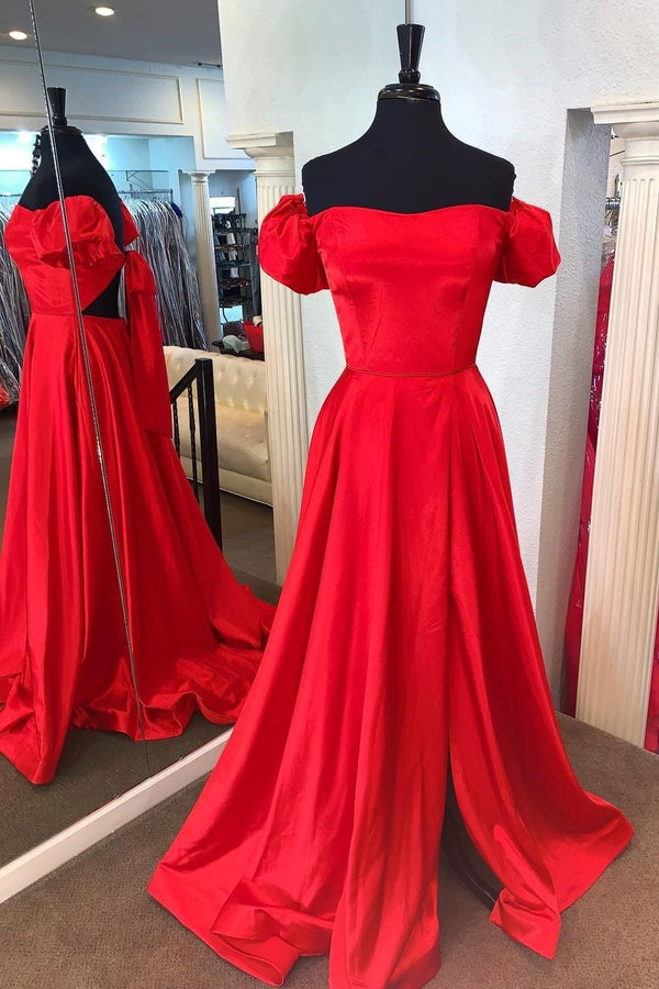 Off the Shoulder Red A-line Long Prom Gown