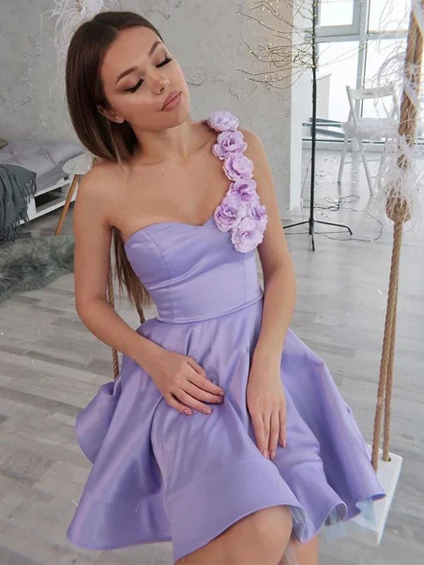 SSR1396,Lilac floral one shoulder satin homecoming dresses