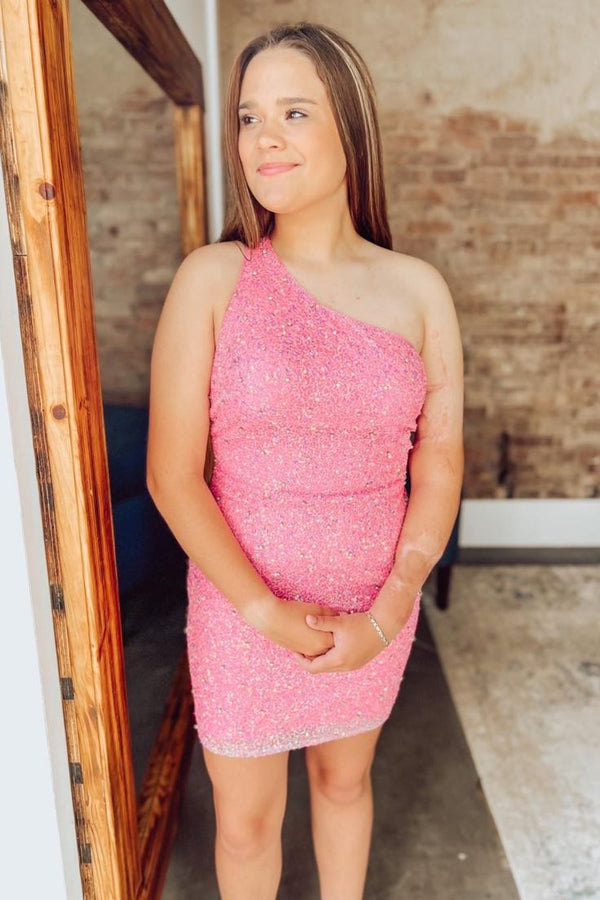 One Shoulder Pink Bodycon Homecoming Dresses Sequin Mini Graduation Dress,SSR1017