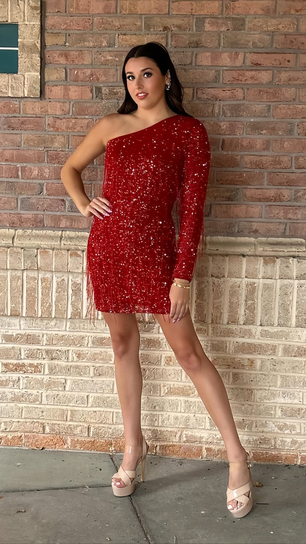 One Sleeves Red Sequin Tassel Homecoming Dress Short Party Dress, SSR3348