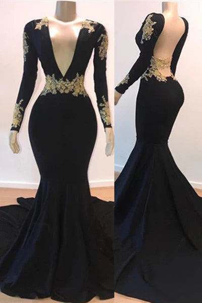 Open Back Gold Lace Black Prom Dresses Mermaid Long Sleeve Formal Evening Gowns,SSR1110