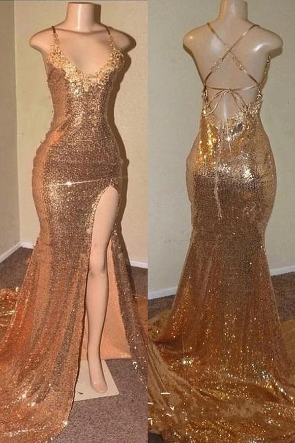 Open Back Sexy Slit Gold Sequin Prom Dresses | Spaghetti Straps Appliques Formal Evening Gowns,SSR1112