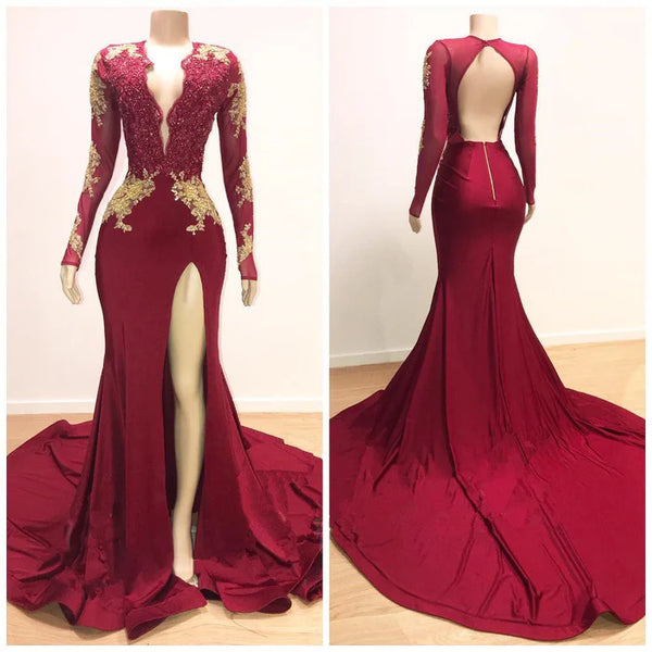 Open Back V-neck Long Sleeve Prom Dresses | Gold Lace Appliques Sexy Slit Evening Gowns,SSR1116