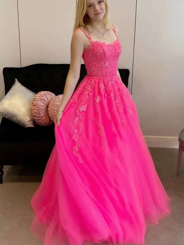 SSR1721,Open Back Hot Pink Tulle Lace Long Prom Dresses, Hot Pink Lace Formal Graduation Evening Dresses