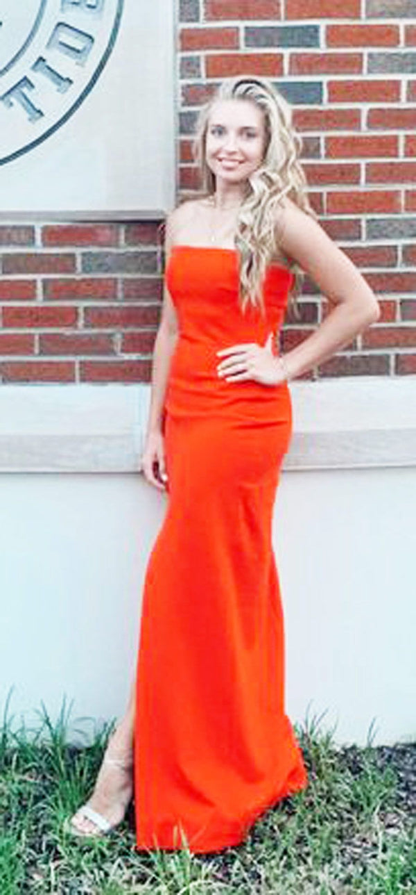 SSR0375,Orange strapless satin mermaid prom dress