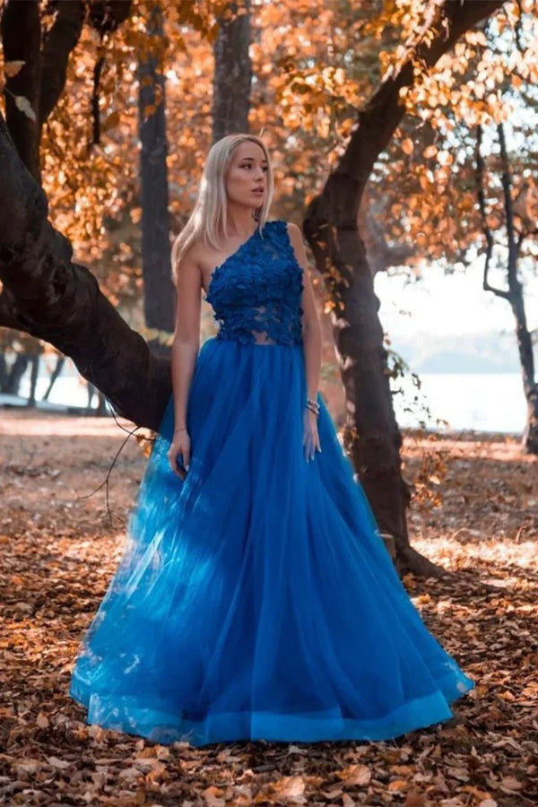 SSR1310,A-line One Shoulder Blue Appliques Tulle Prom Dress