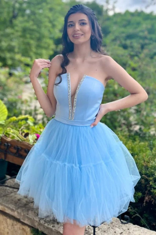 Plunge Neck Sky Blue Beaded Tulle Homecoming Dress Short Hoco Dresses, SSR2899
