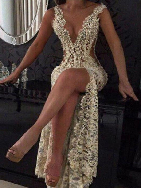 SSR1182,Luxury Gold Lace Pearl Beaded Mermaid Prom Dresses,Lace Prom Dress