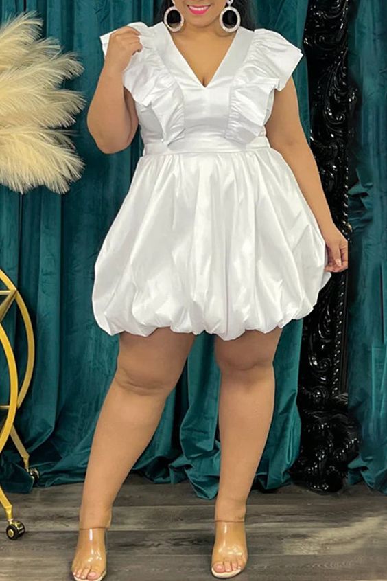 Plus Size White V-Neck Homecoming Dresses Cocktail Dress, SSR2896