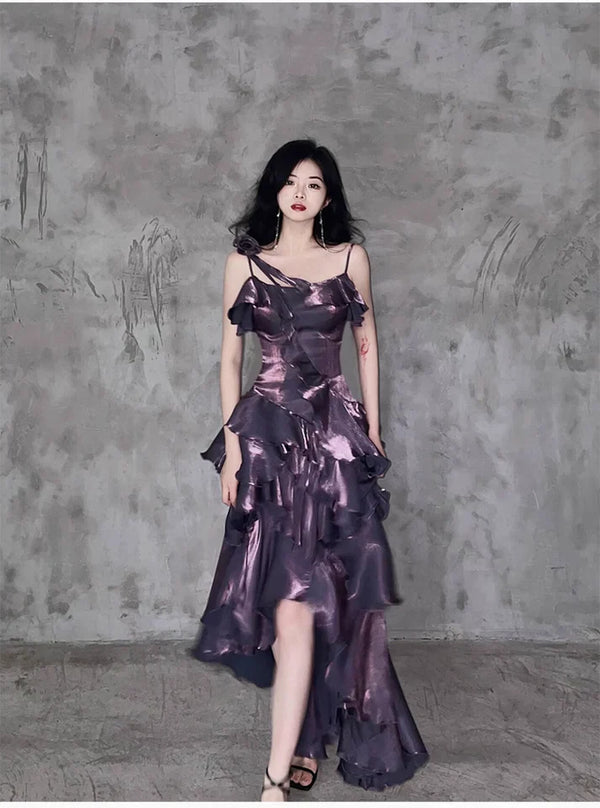 Pretty Irregular Ruffled Spaghetti Straps Grape Prom Dresses With Detachable Rose Long Birthday Dress For Women, SSR3583