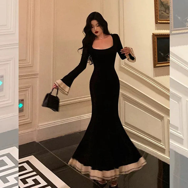 Pretty Mermaid Square Neckline Black Prom Dresses Birthday Outfits Evening Gowns , SSR3595