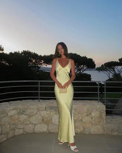 Pretty Mermaid V Neckline Long Yellow Satin Party Dresses Prom Dresses, SSR3628