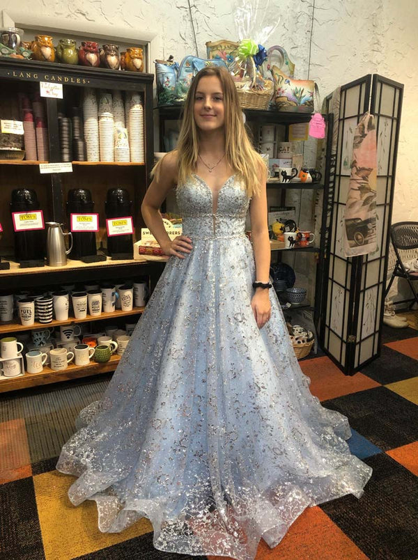 SSR1010,Light blue a-line lace v-neck prom evening dresses beaded long formal gown