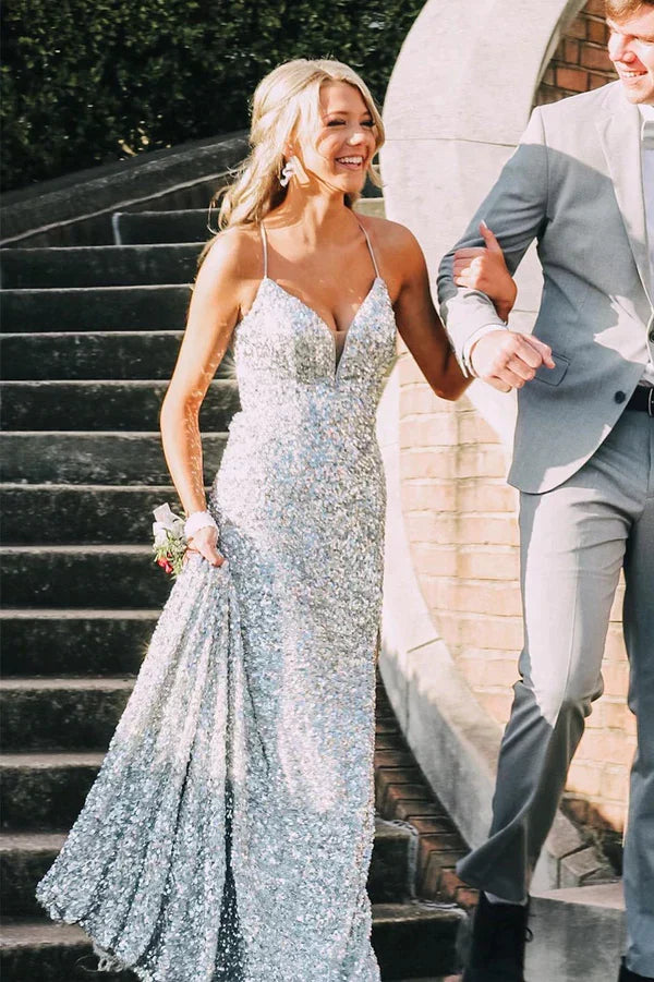 SSR1361,Silver Sequin Spaghetti Straps Mermaid Long Prom Dresses, Backless Evening Gown