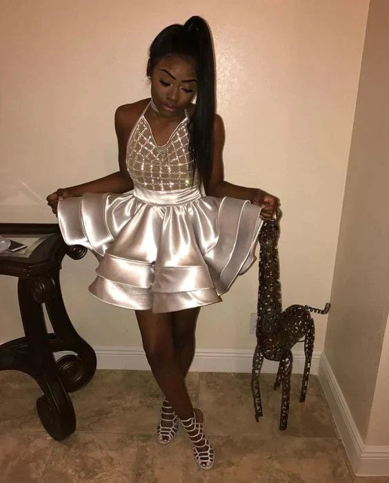 SSR1354,Silver Ball Gown Satin Mini Short Homecoming Dresses Halter Tiered Simple Black Girl African Girl Short Prom Dresses Cocktail Gowns
