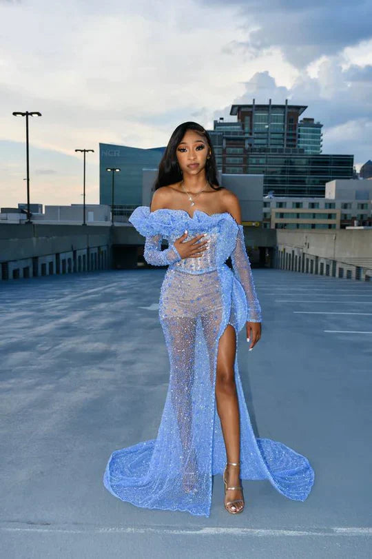 SSR1355,Blue Sequins Mermaid Prom Dress,One Shoulder Long Evening Gown