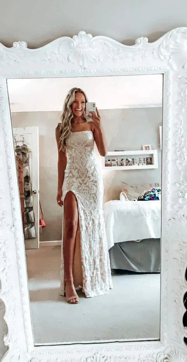 SSR1348,Simple white prom dress, modest slit evening dresses, lace wedding gown