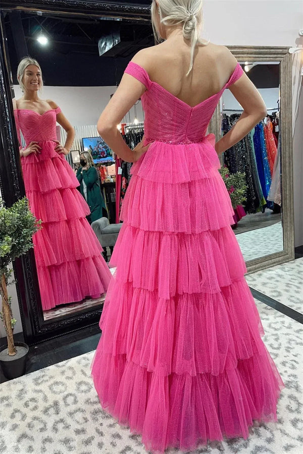 SSR1346,Shiny Tulle Off Shoulder Layered Hot Pink/Navy Blue Long Prom Dresses, Hot Pink/Navy Blue Tulle Formal Evening Dresses