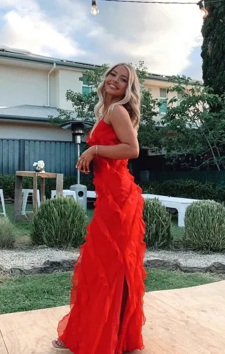SSR1240,Red Ruffles Long Formal Dress,Spaghetti Straps Elegant Evening Dress