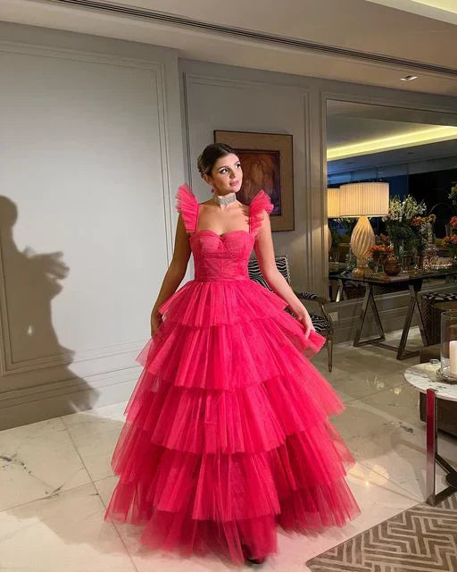 SSR1233,Sweet Hot Pink Tulle Prom Dresses,A-Line Evening Formal Gown