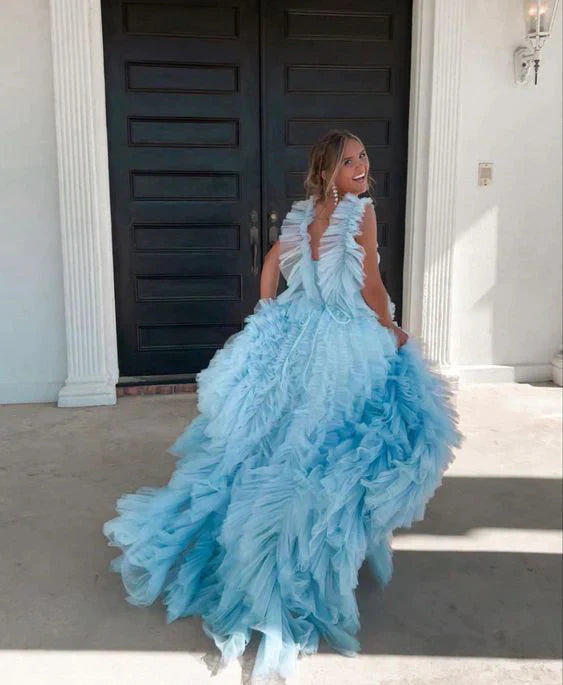 SSR1232,Princess Light Blue Ruffles Prom Dresses,Backless Evening Dresses,Formal Gown