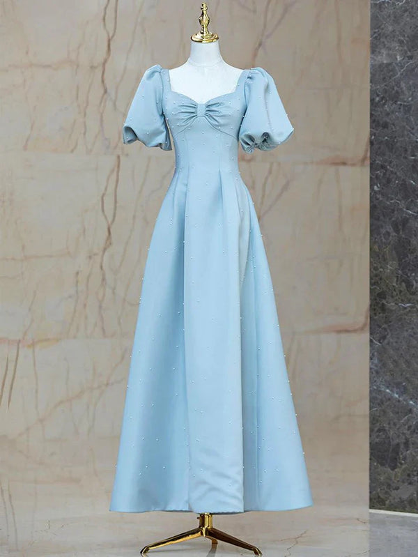 Dress Elegant Satin Pearl Long Prom Dress A-Line Evening Party Dress Formal Dress