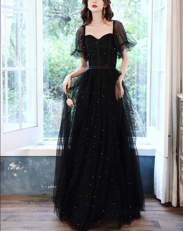 Black Off Shoulder Tulle Long Party Dress A-line Long Prom Dress Short Sleeves Elegant Evening Dress