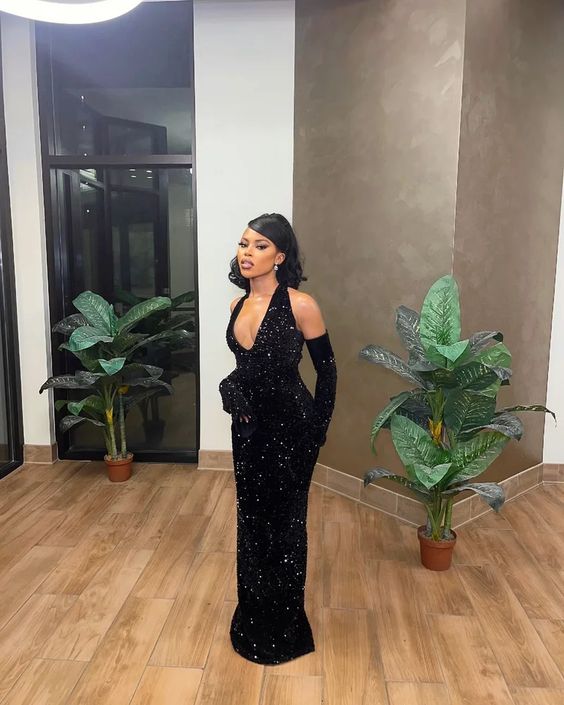 Black Mermaid Long Prom Dress Fashion Sparkly Evening Dress Sexy Party Dress No With Gloves