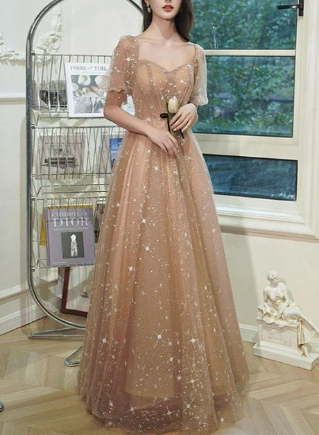 A Line Tulle Long Evening Gown Party Dress Short Sleeves Long Formal Dresses Elegant Evening Dress