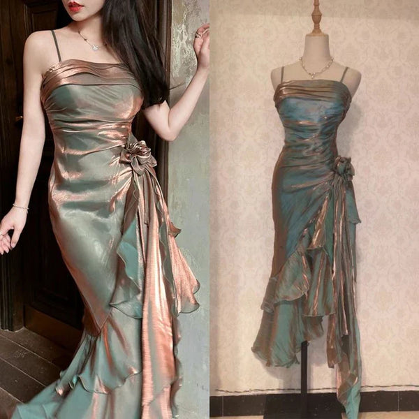 Retro Mermaid Spaghetti Straps Satin Long Party Dress Prom Dresses, SSR3631