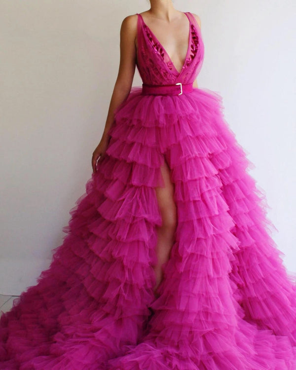 SSR1746,Hot Pink Tulle Layers Prom Dress, V-Neck A Line Evening Dress, Long School Dance Dress