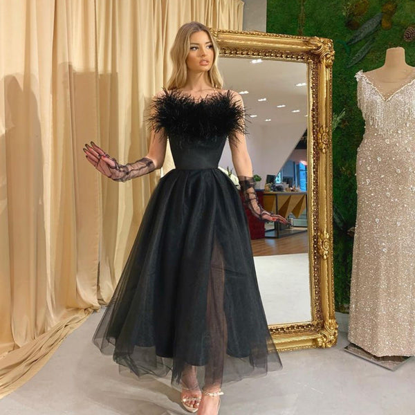 Spaghetti Straps Feather Tulle Homecoming Dresses, A-line Split Graduation Dresses