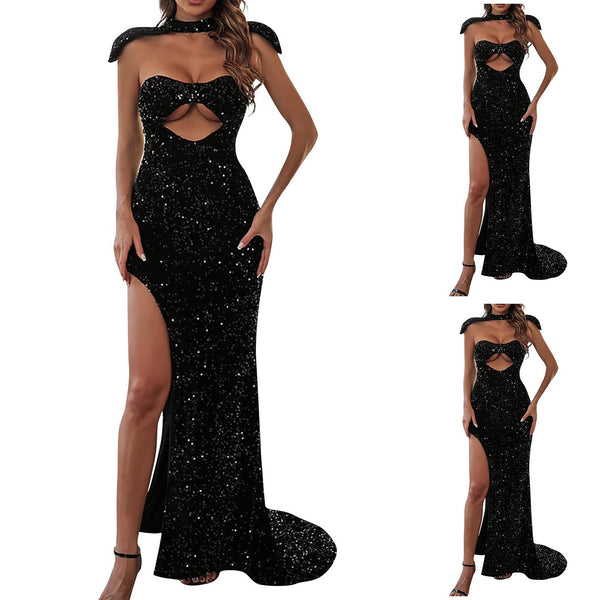 SSR1724,Black Sequin Sexy Prom Dresses, Side Slit Evening Party Dresses
