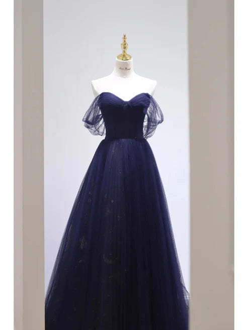 Pretty Ball Gown Off The Shoulder Navy Blue Tulle Long Prom Dresses Party Dress,SSR1171