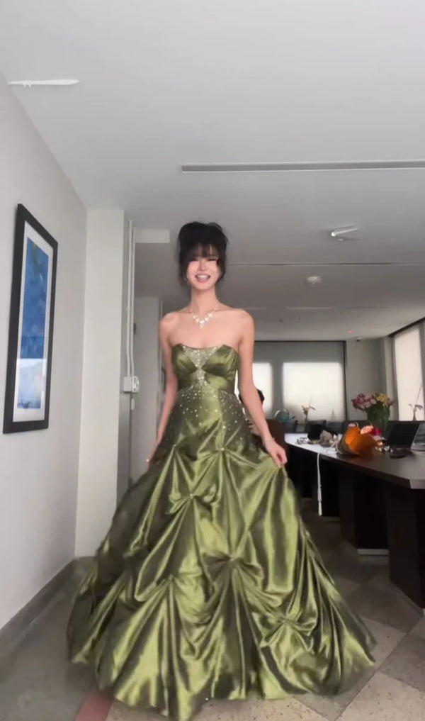 Retro Ball Gown Strapless Green Ruffles Satin Long Party Dress Prom Dresses,SSR1137