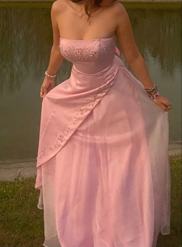 Retro A Line Strapless Pink Chiffon Long Party Dress Prom Dresses，SSR1195